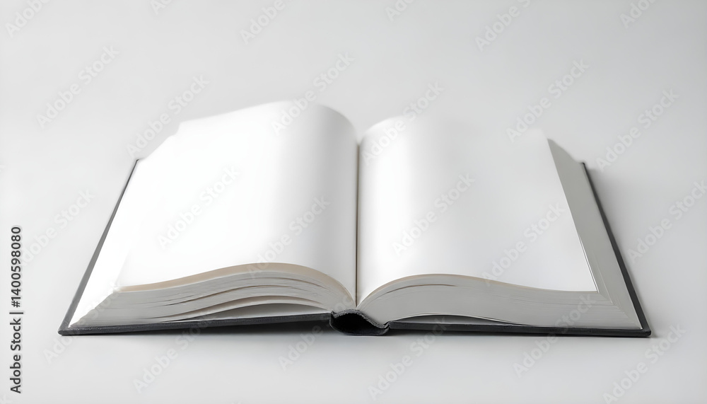 An open hardcover book with blank white pages sits on a plain white surface, ready. An open hardcover book with blank white pages sits on a plain white surface, ready.