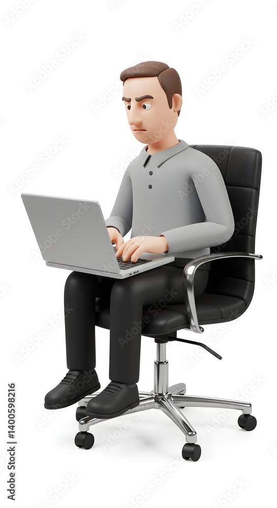 Cartoon man sitting on a black office chair while using a laptop with a serious expression on his face Cartoon man sitting on a black office chair while using a laptop with a serious expression on his face