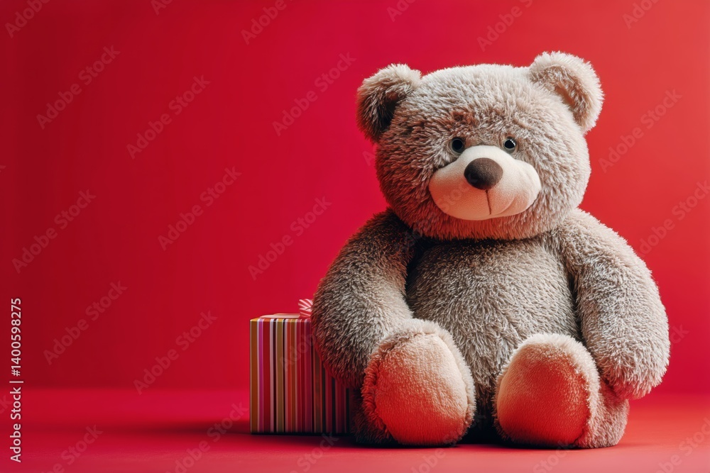 Soft Teddy Bear With Gift Box on Bright Red Background Creates a Warm and Festive Atmosphere
