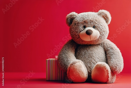 Obraz na płótnie Soft Teddy Bear With Gift Box on Bright Red Background Creates a Warm and Festive Atmosphere w salonie