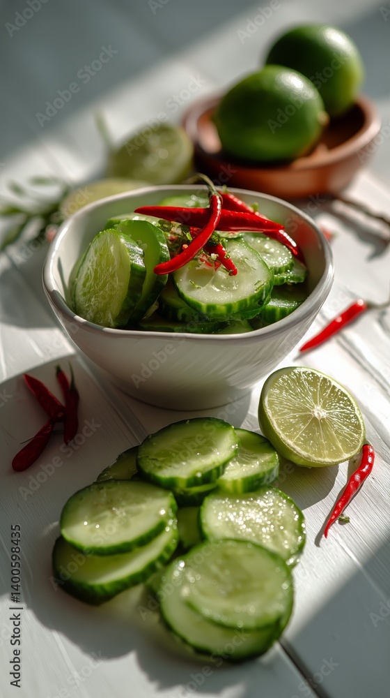 Fresh Cucumber Salad With Lime and Chili in a Bright Kitchen Setting