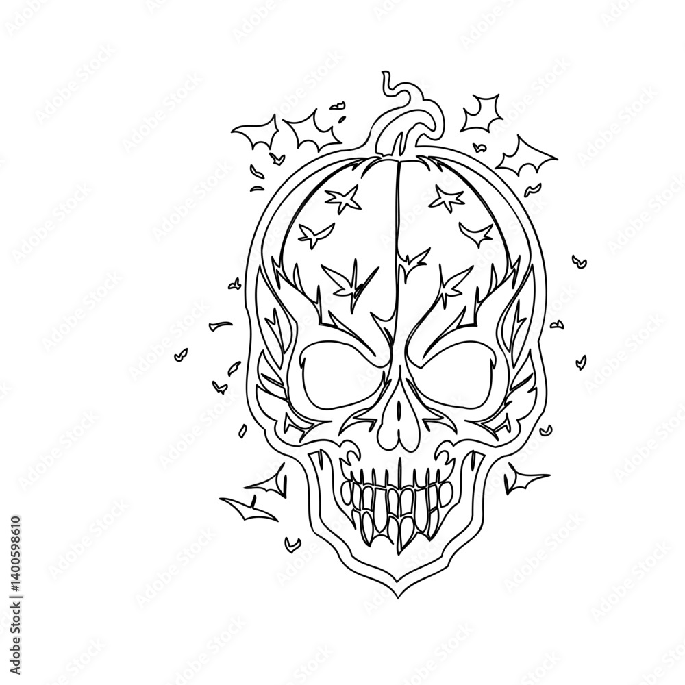Fototapeta premium Outlined Halloween Pumpkin Skull with Flying Bats