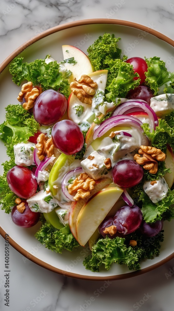 Colorful Salad With Grapes, Apples, and Walnuts on a Marble Table