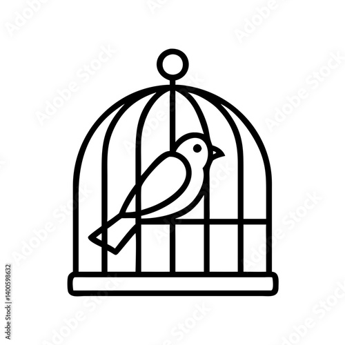 Bird in cage vector illustration, pet birdcage graphic, line art birdcage icon, bird symbol design