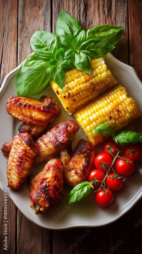 Grilled Chicken Wings Served With Sweet Corn and Fresh Herbs on a Wooden Table