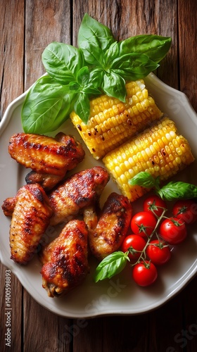 Obraz na płótnie Grilled Chicken Wings Served With Sweet Corn and Fresh Herbs on a Wooden Table w salonie
