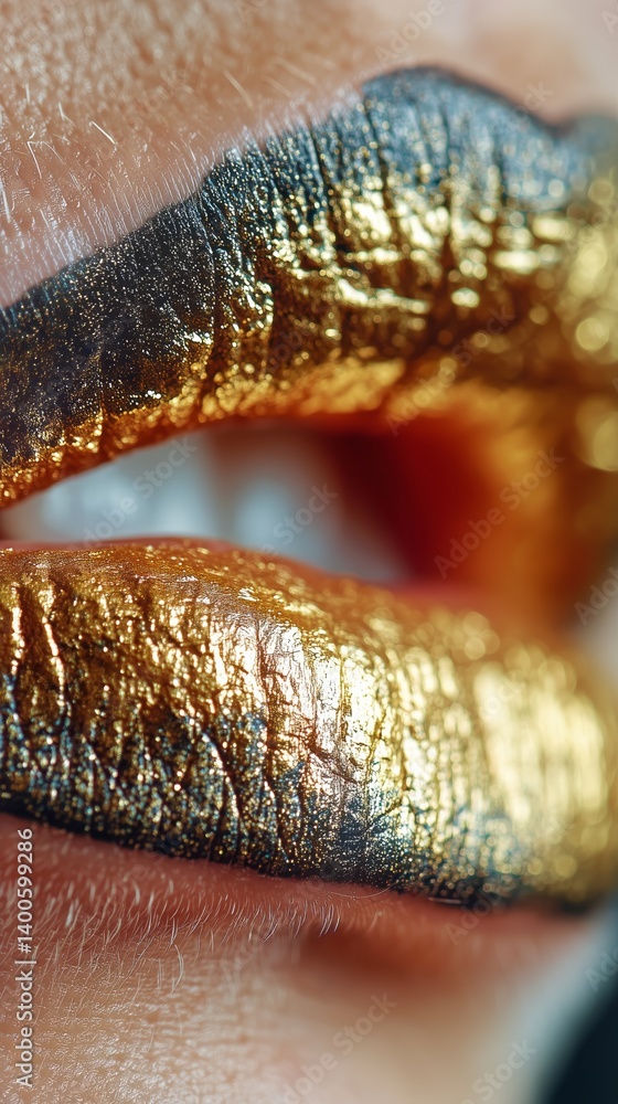 Shimmering Golden Lips Showcasing Intricate Texture and Vibrant Color in Creative Beauty Art