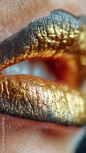 Obraz na płótnie Shimmering Golden Lips Showcasing Intricate Texture and Vibrant Color in Creative Beauty Art w salonie