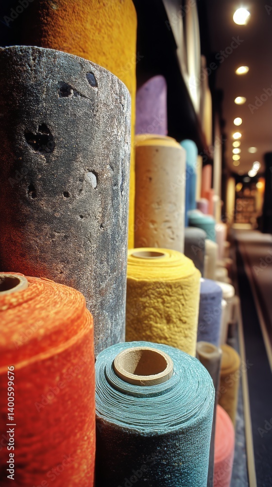 Colorful Rolled Fabrics Displayed in a Shop Showcasing a Variety of Textures and Hues