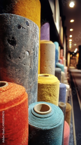 Obraz na płótnie Colorful Rolled Fabrics Displayed in a Shop Showcasing a Variety of Textures and Hues w salonie