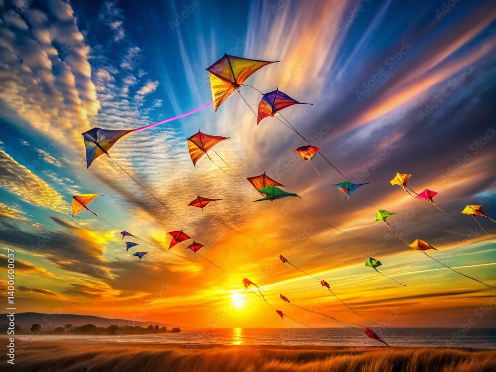 Colorful Kites Flying High in a Long Exposure Photograph