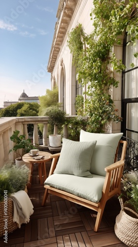 Cozy Balcony Seating With Cushions and Plants in the Evening Light