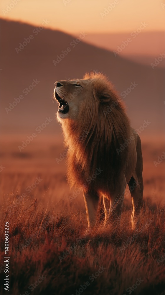 Majestic Lion Roaring at Sunrise in the African Savanna Landscape