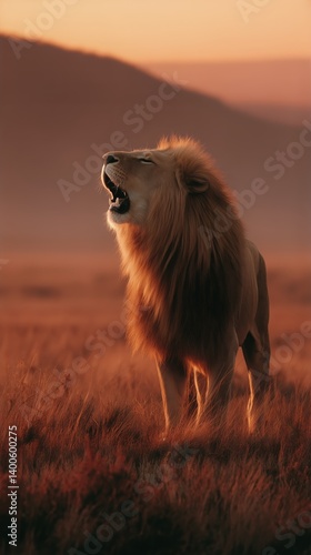 Obraz na płótnie Majestic Lion Roaring at Sunrise in the African Savanna Landscape w salonie