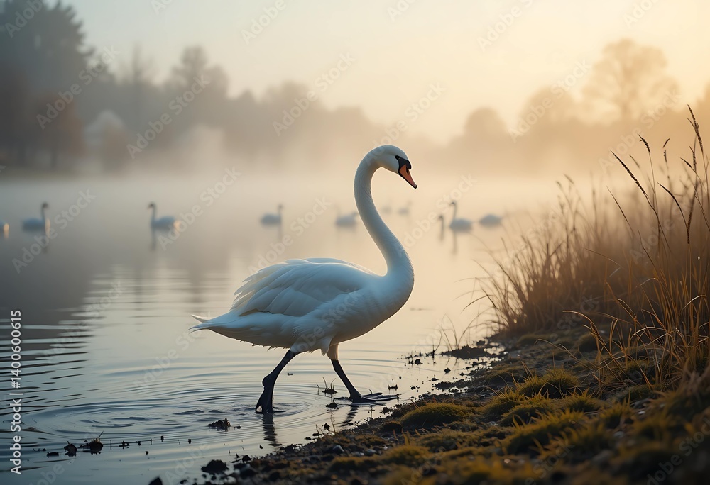 Fototapeta premium Elegant Swans Walk Gracefully in the Land of Wild Nature