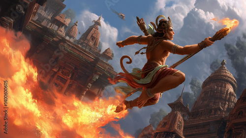 An intense depiction of Hanuman setting Lanka on fire during the Ramayana war. The image highlights bravery and divine justice, with fiery visuals that capture the mythological moment in epic style.