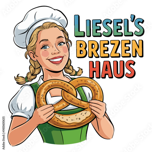 Cartoon Dirndl Woman Holding Pretzel German Bakery Logo
