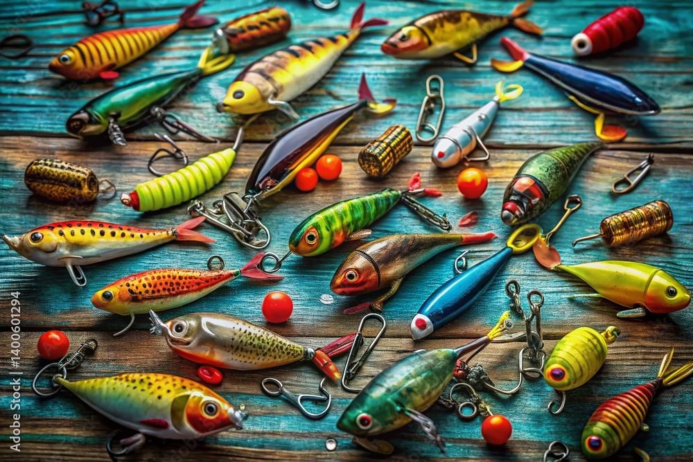 Fototapeta premium Colorful Fishing Tackle on Rustic Wood: Urban Exploration Photography