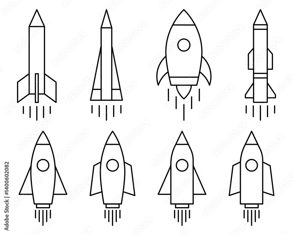 Rocket Icon Vector Set. Rocket Vector Icon in line style design. Symbol of Rocket. Vector illustration. Rocket Icon Vector Set. Rocket Vector Icon in line style design. Symbol of Rocket. Vector illustration.