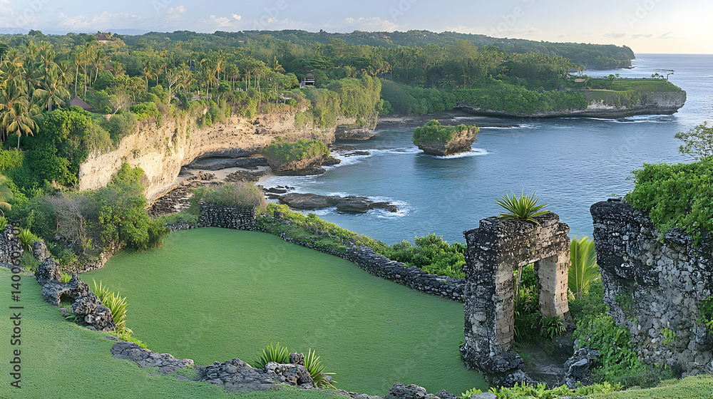 Lush Green Coastal Landscape With Ocean Views and Ancient Stone Ruins Featuring Tropical Foliage and Calm Waters Under a Bright Sunny Sky Lush Green Coastal Landscape With Ocean Views and Ancient Stone Ruins Featuring Tropical Foliage and Calm Waters Under a Bright Sunny Sky