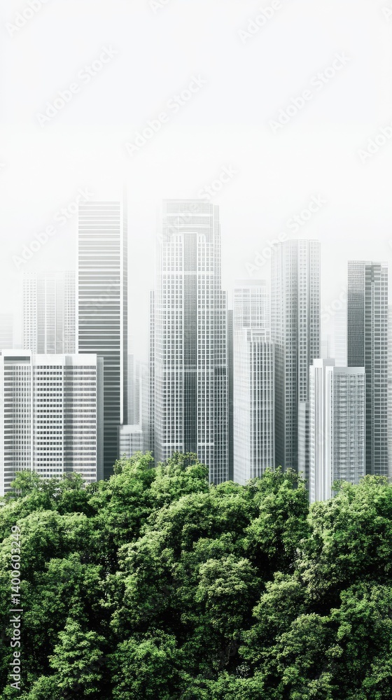 Fototapeta premium Urban forest, sustainable city. Lush green trees framing modern city skyline