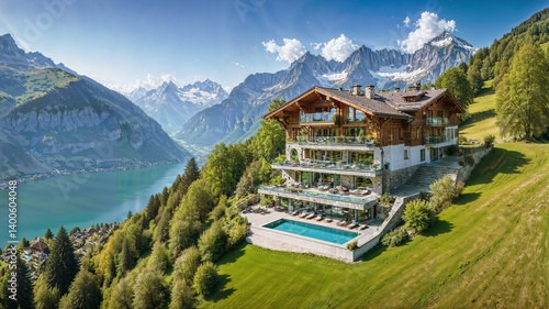 A view of a stunning mansion with a breathtaking panorama in Switzerland, visualized from a real image