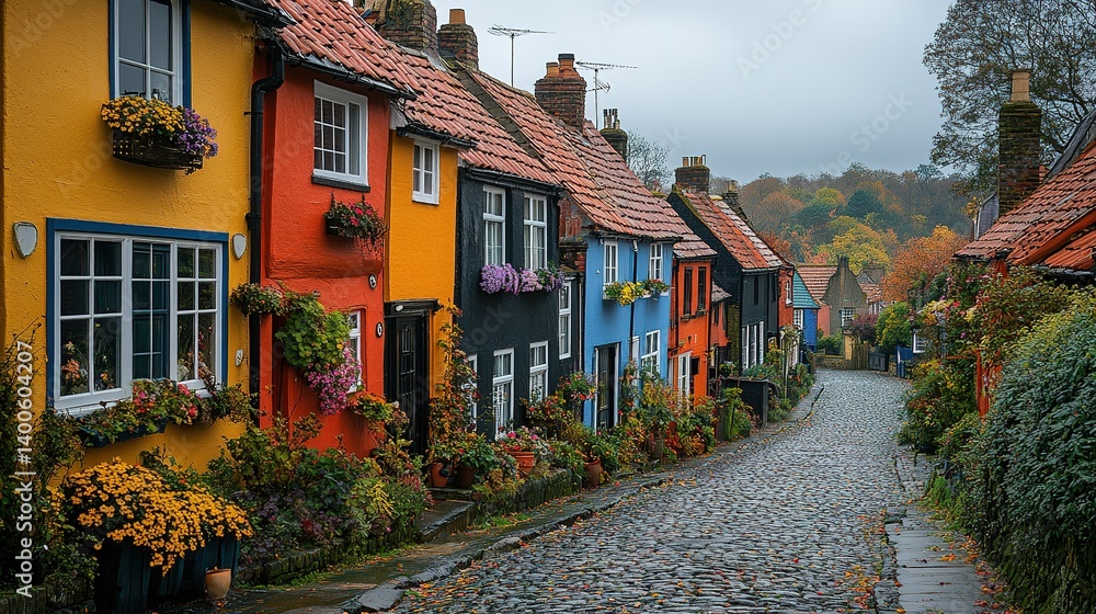 Fototapeta premium Charming street with colorful cottages in the picturesque village ambiance