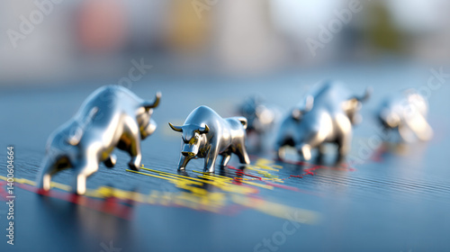 Silver bull figurines on stock market chart, symbolizing bullish trends and financial growth