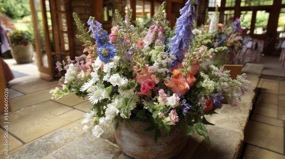 Fototapeta premium Intricate floral arrangement in a rustic vase - ceramic wildflowers autumn composition