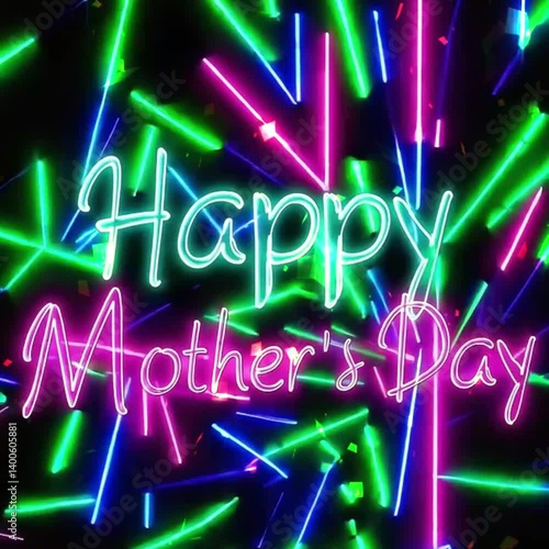 Celebrate Mother's Day with this vibrant neon design featuring glowing lights and colorful confetti. Perfect for adding a festive touch, this animated background brings joy and love wishes