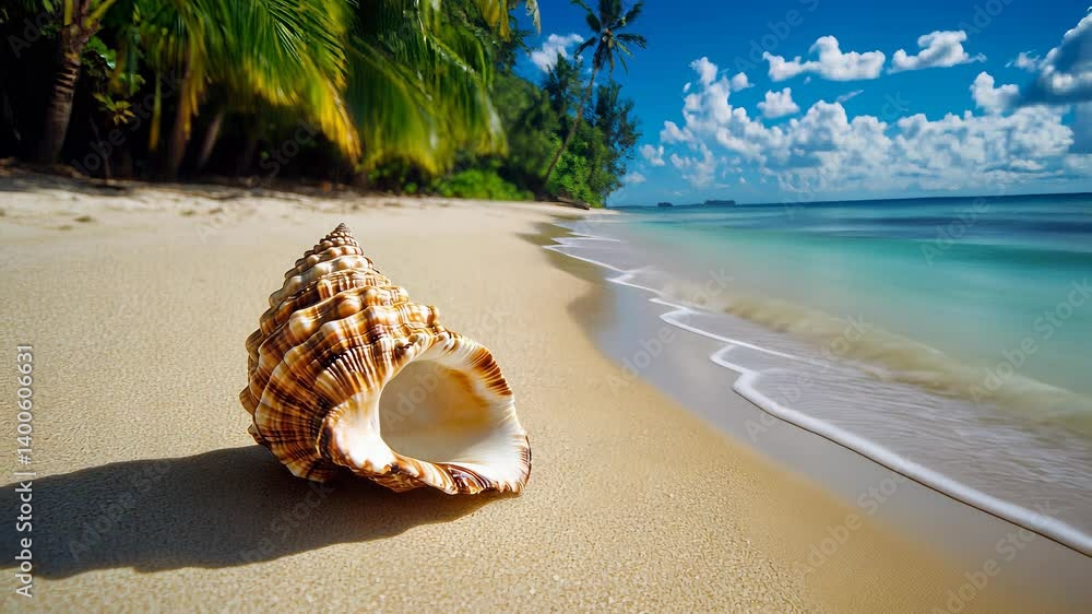 Beautiful seashell rests on sandy beach with clear ocean water and vibrant tropical scenery in the background