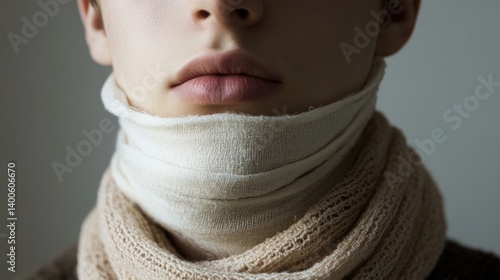 Close-up of bandaged jaw area, wrapping around the chin and head, neutral blank background.