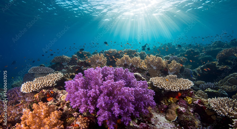 Obraz premium Vibrant Underwater Coral Reef Ecosystem: Sunbeams Illuminate a Thriving Marine Habitat