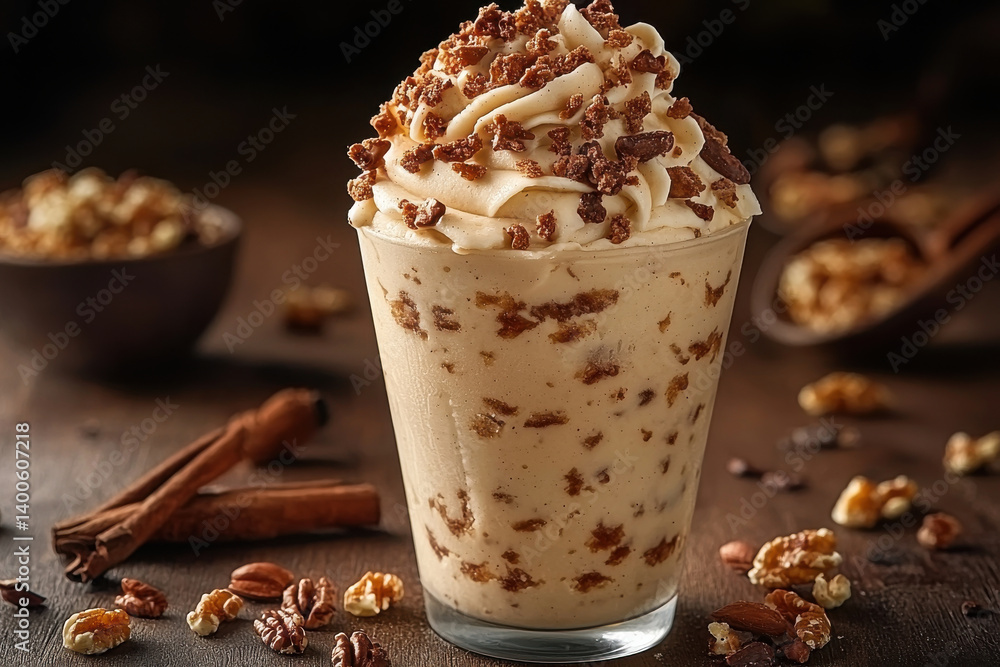 Photography creamy frozen custard topped with whipped cream and nuts Photography creamy frozen custard topped with whipped cream and nuts