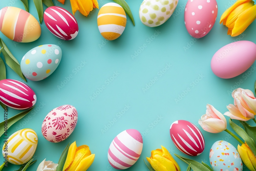 Fototapeta premium Colorful Easter Eggs and Tulips Frame a Light Teal Background