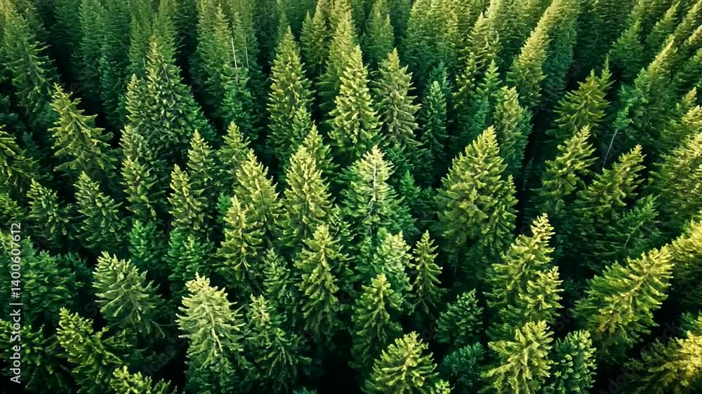 Dense forest canopy viewed from above. Lush green conifers create a vibrant backdrop Dense forest canopy viewed from above. Lush green conifers create a vibrant backdrop