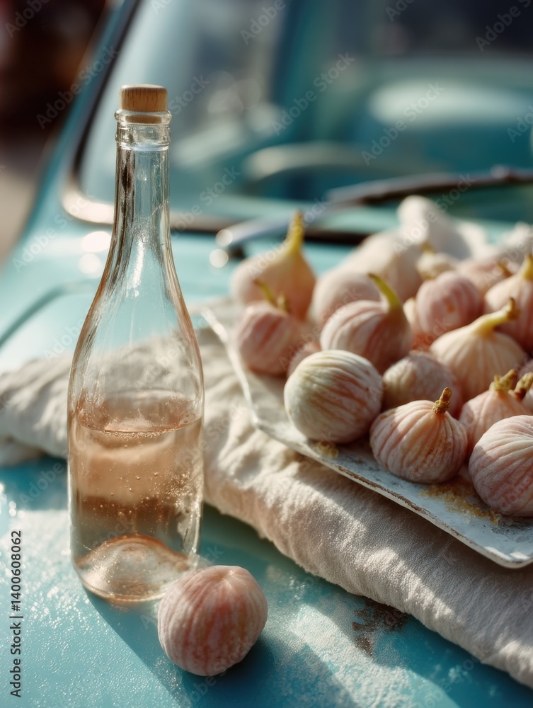 Obraz premium Fresh summer figs and rose wine bottle on vintage turquoise car hood in soft natural light with dreamy aesthetic ideal for vertical phone wallpapers and French picnic-themed product visuals