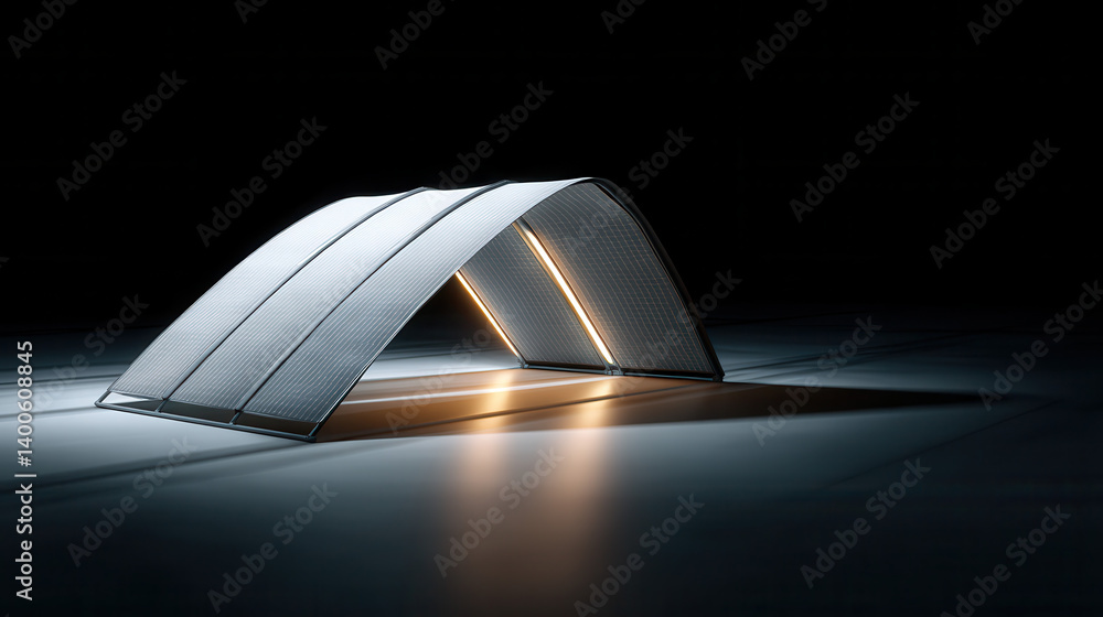 sleek solar powered tent with modern design, illuminated by integrated LED lights, blending technology and nature