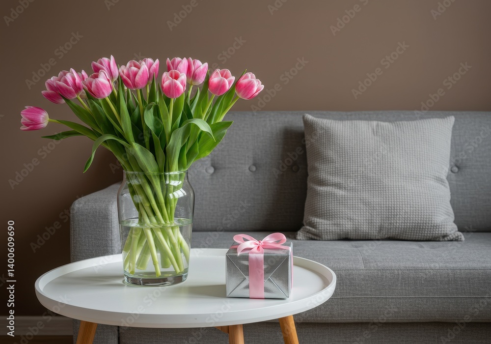 Fototapeta premium A cozy living room with a white round table featuring pink tulips and a silver gift box against a warm-toned wall with a grey sofa