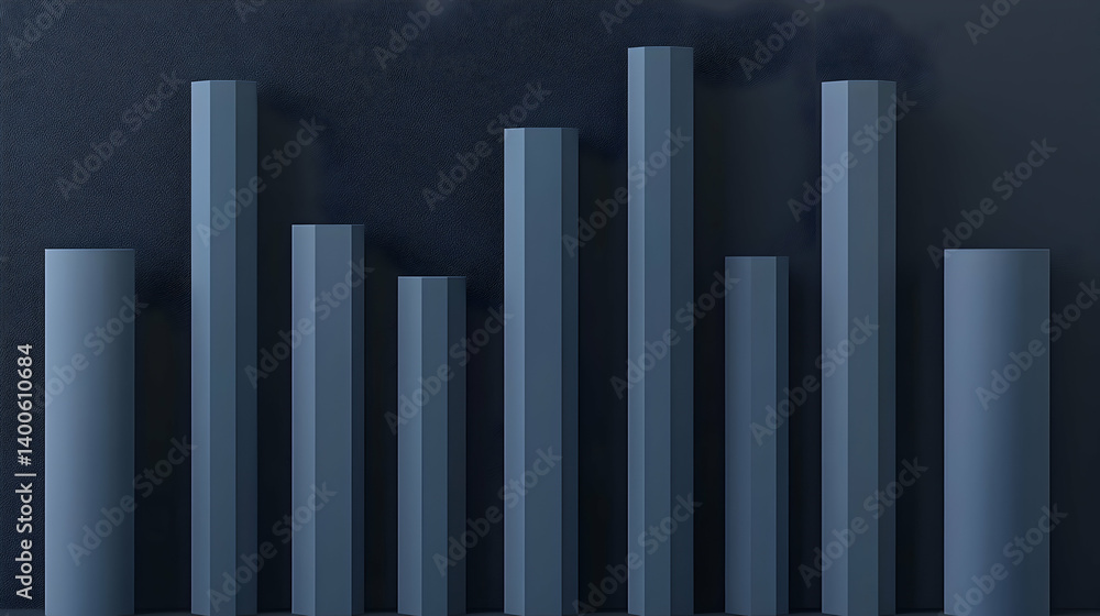 Obraz premium Dark gray 3D bar graph on dark background; data visualization for business reports