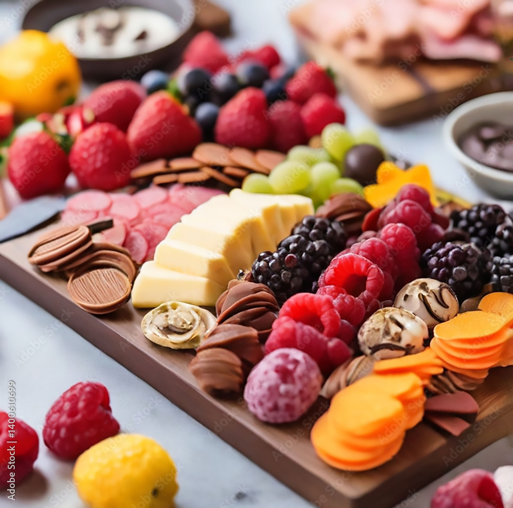 A delicious and colorful charcuterie board with fresh fruit, chocolate, and sweets A delicious and colorful charcuterie board with fresh fruit, chocolate, and sweets