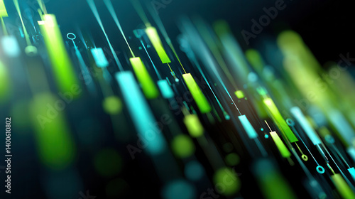 Abstract glowing green and blue financial chart bars on dark background, symbolizing data analysis and stock market trends
