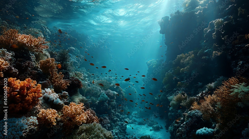 Fototapeta premium Underwater view of a coral reef near a coastal drop-off, filled with vibrant fish and sunlight filtering from above