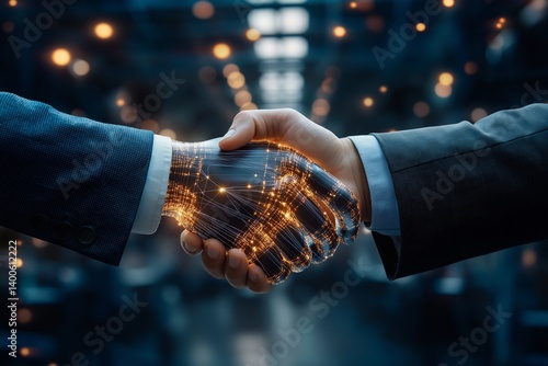 A handshake between a human and a robot, with glowing circuit designs.