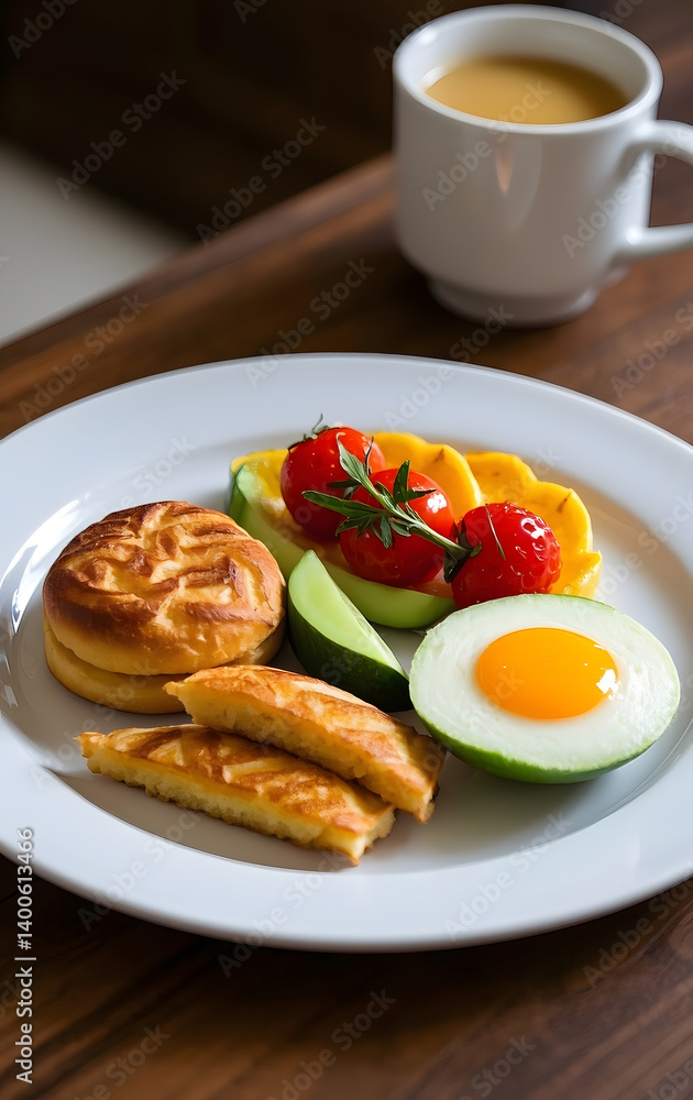 A breakfast on white plate with an egg fruit and bread in luxury hotel. A breakfast on white plate with an egg fruit and bread in luxury hotel.