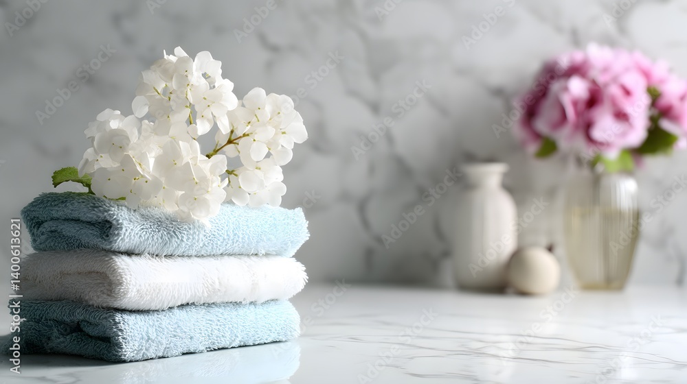 Stack of white and blue towels topped with hydrangeas rests on marble, with a blurred background of pink flowers, creating a clean spa-like aesthetic. Stack of white and blue towels topped with hydrangeas rests on marble, with a blurred background of pink flowers, creating a clean spa-like aesthetic.