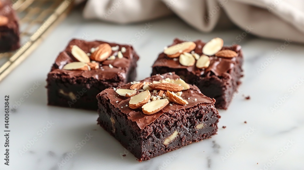 Chocolate brownies with a dense fudge center, topped with crunchy almond nuts Chocolate brownies with a dense fudge center, topped with crunchy almond nuts