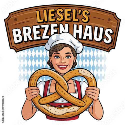 Bavarian Bakery Logo Featuring Chef Holding Pretzel


