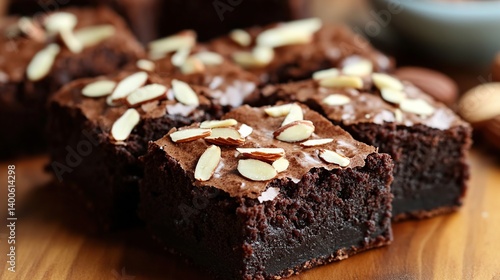 Chocolate brownies with a dense fudge center, topped with crunchy almond nuts