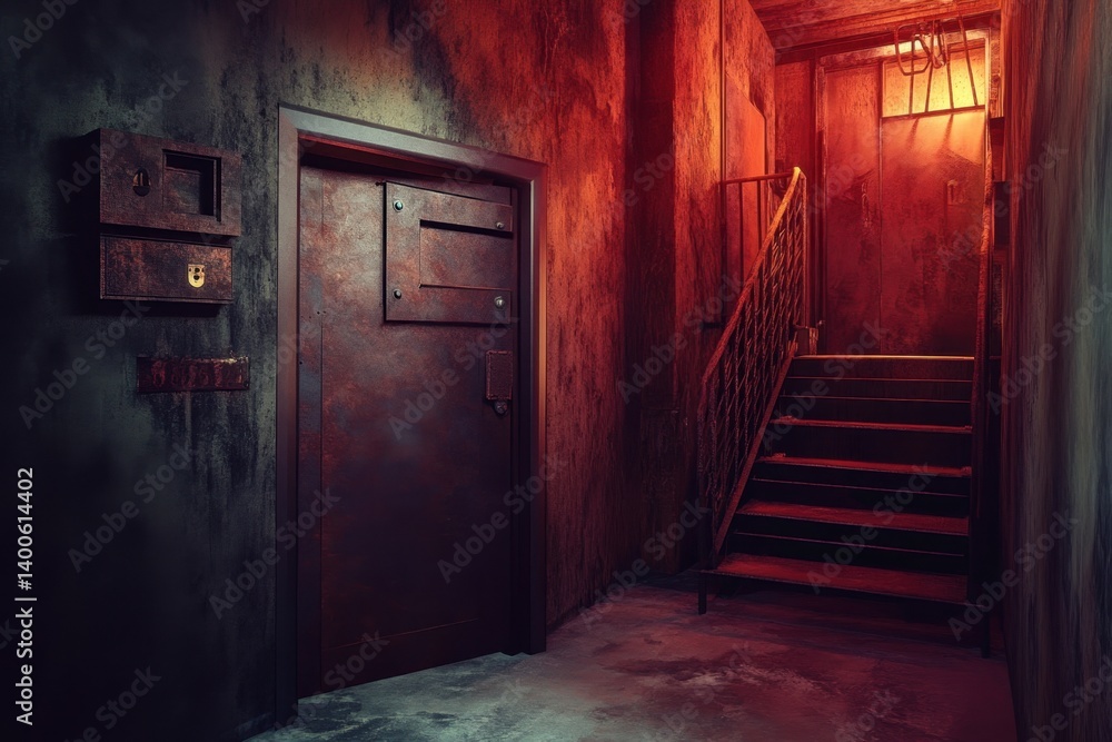 Obraz premium Dark, eerie stairway leading to a door in an abandoned building